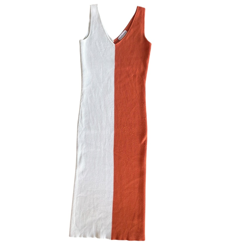 Willow & Wind Womens Cream Orange Colorblock Tank Ribbed Sweater Knit Midi Dress